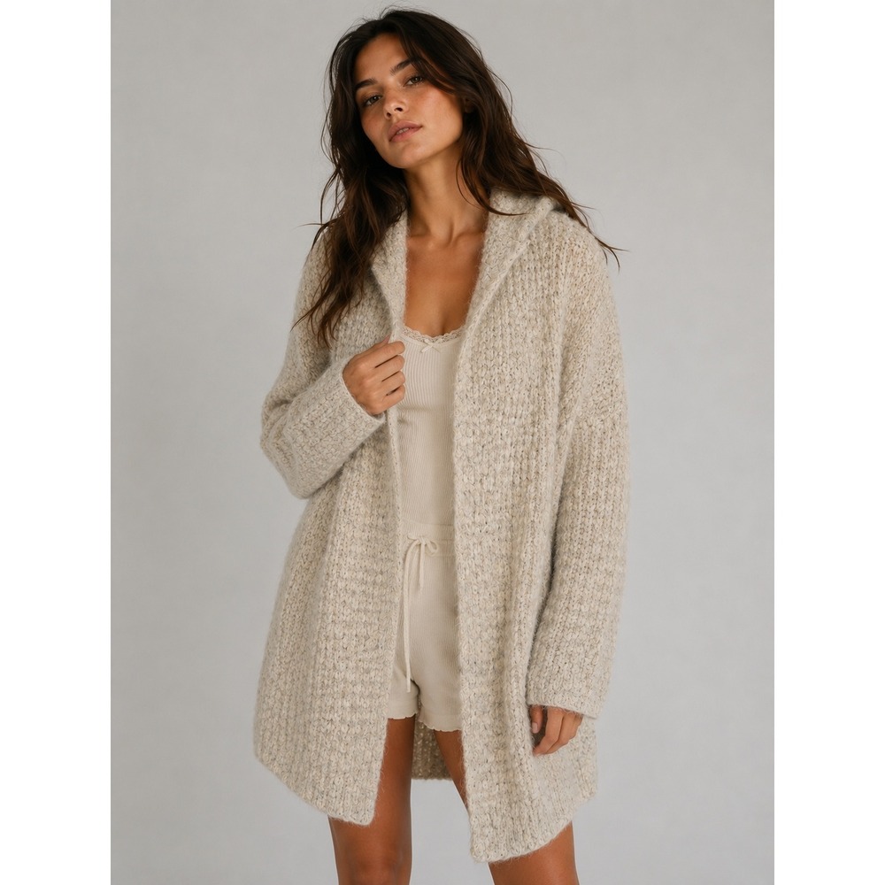 POL Clothing Oversized Hooded Popcorn Knit Cardigan Oatmeal Beige AH17B Small